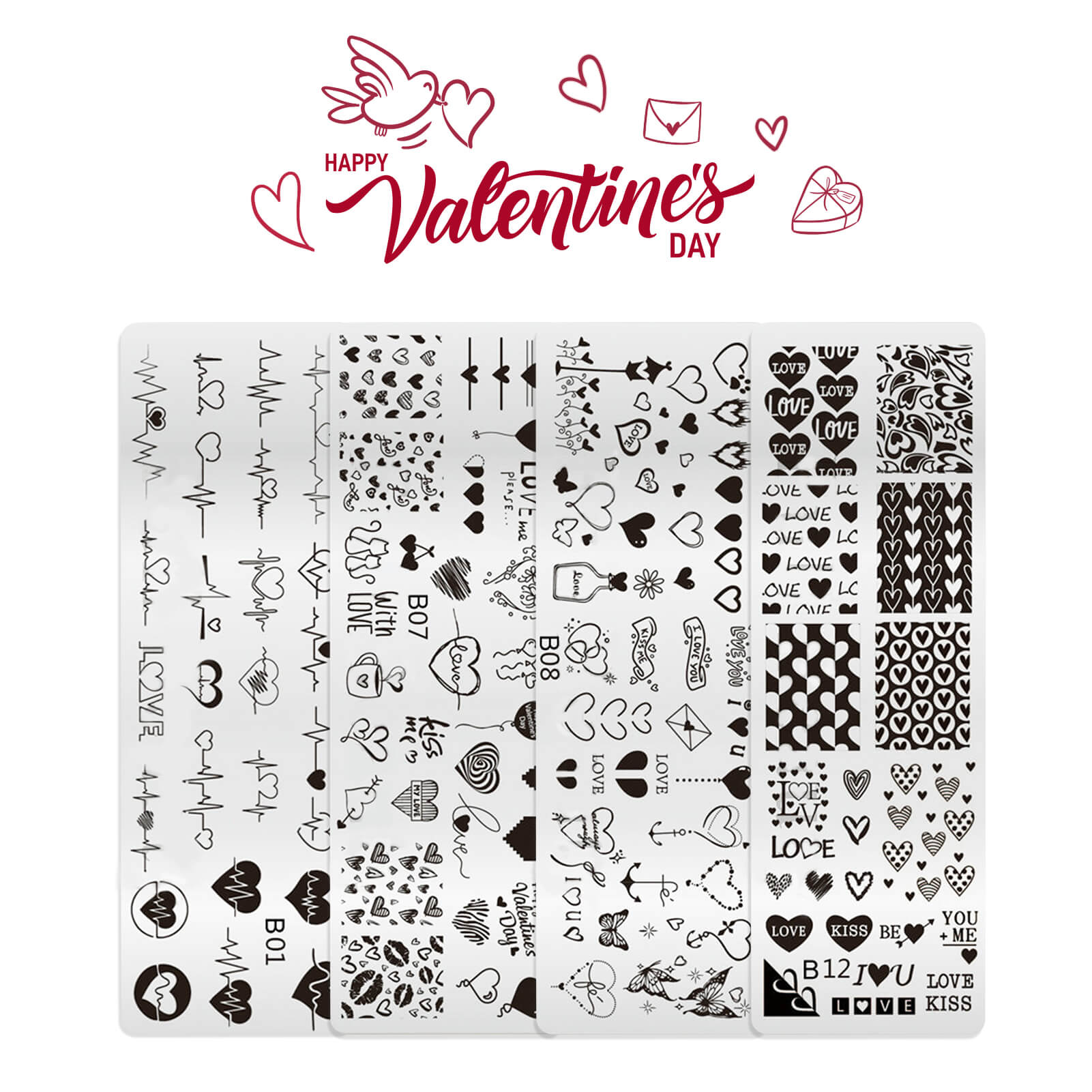 Vettsy 4pcs Valentine Nail Art Stamping Plates Set