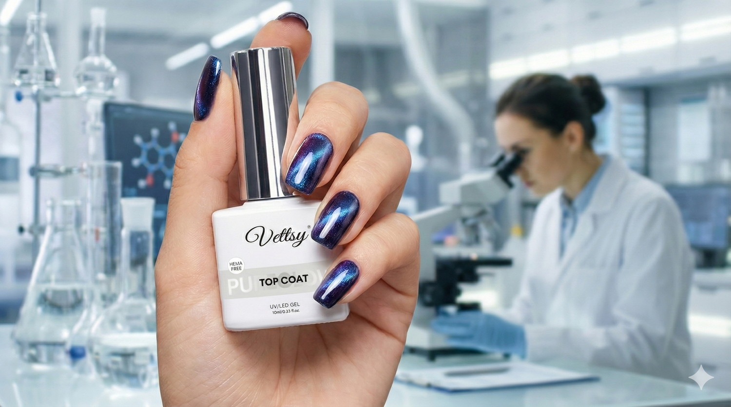 HEMA-free and TPO-free gel polish bottle with healthy manicured nails