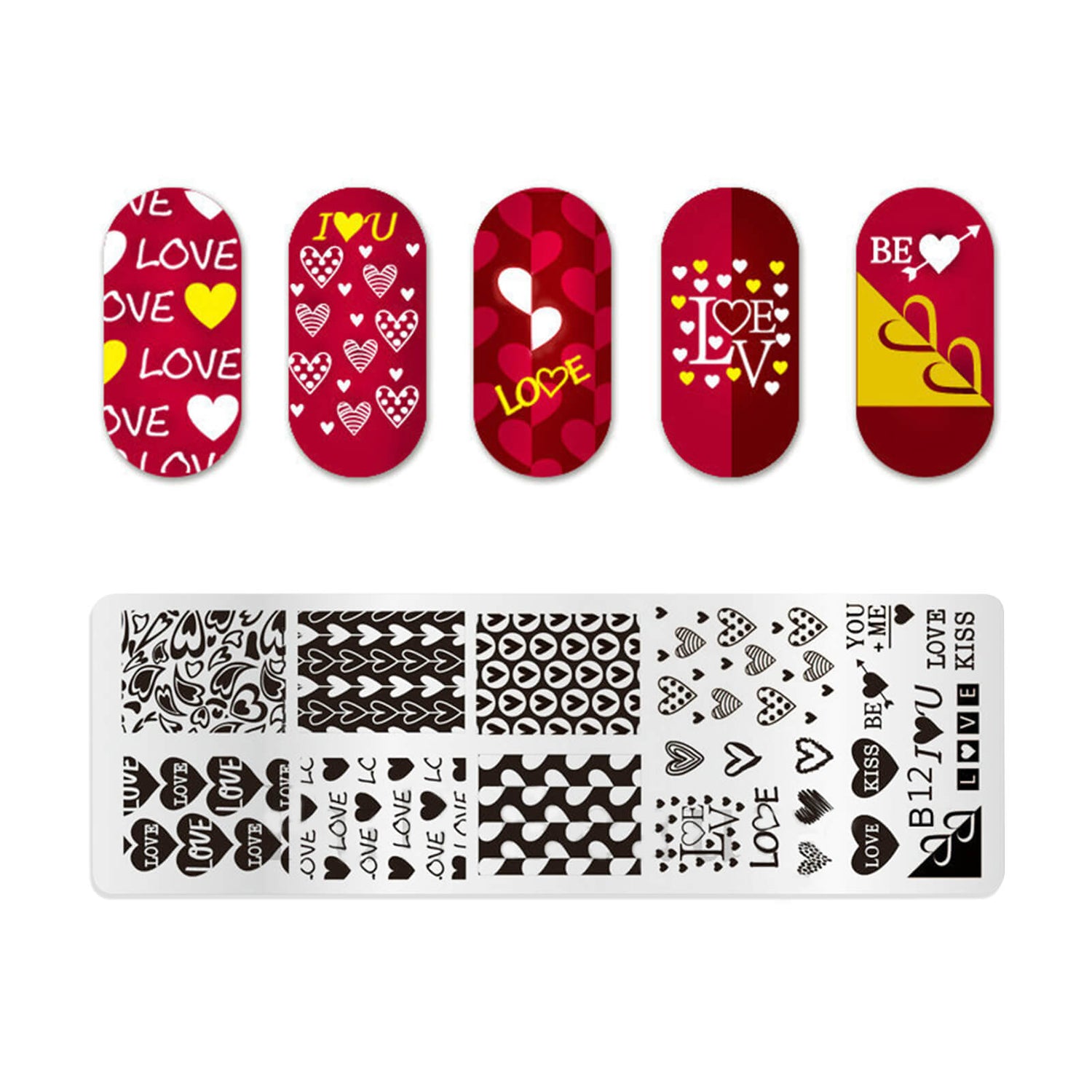 6PCS Valentine Nail Stamping Plates Kit with 1PCS Stamper & Scraper, Heart  Nail Art Stamp Templates with Heart Lips Diamond Love Design for DIY